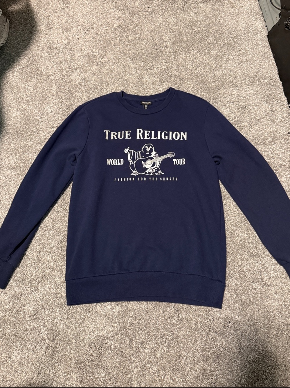 True Religion Men's Navy Crewneck Sweatshirt - World Tour Graphic Small